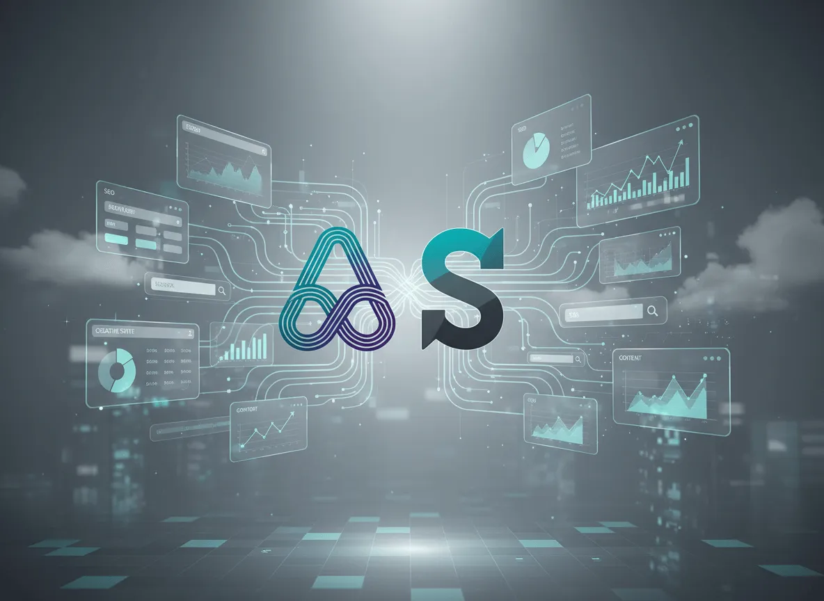 Illustration of Adobe acquiring Semrush, with marketing dashboards in teal and purple