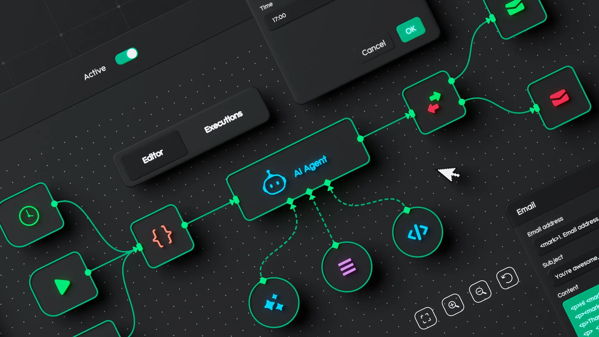 Automated marketing workflow connecting a website form to a CRM, follow-up messages and a sales notification