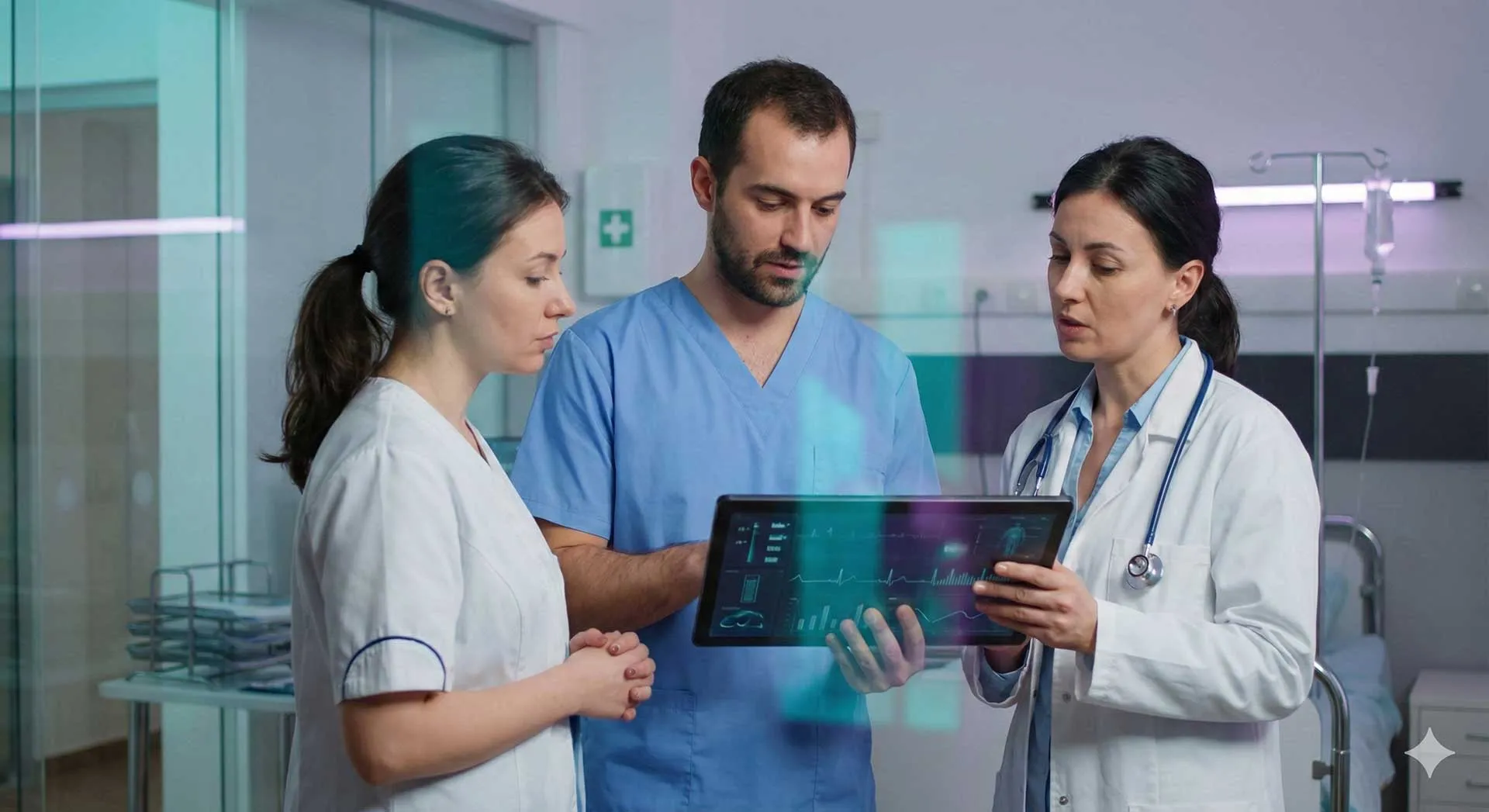 Clinicians reviewing patient information together in a modern clinic