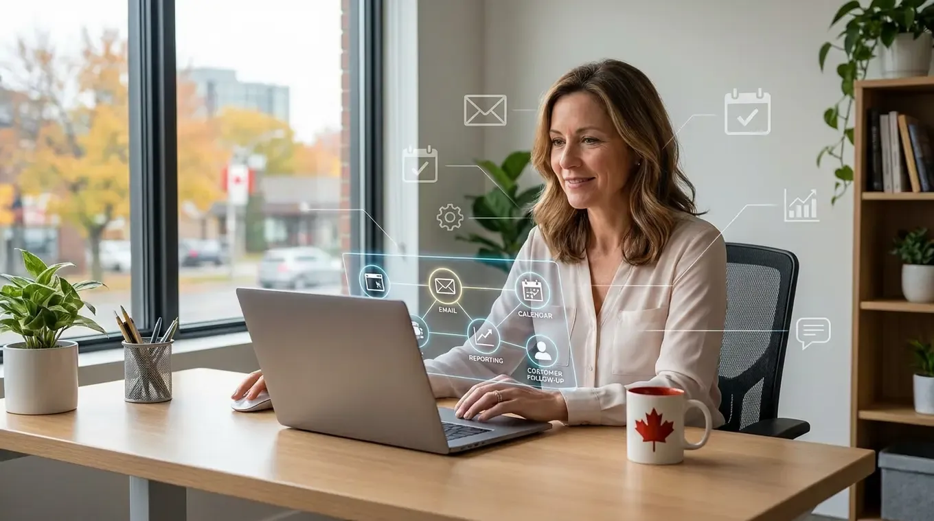 Illustration of an automated task sequence running while a business owner works