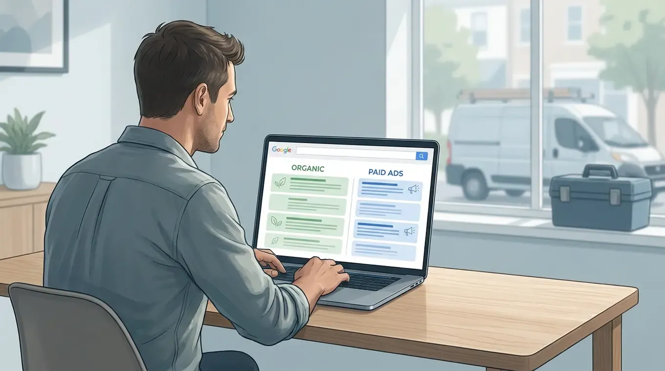 Split illustration comparing an organic search result with a paid Google Ads listing