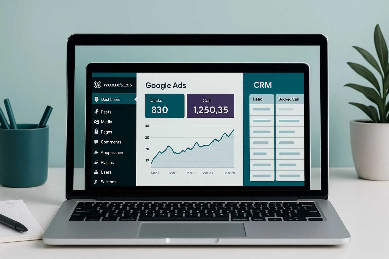 Laptop showing a website, Google Ads and a CRM dashboard together on one screen